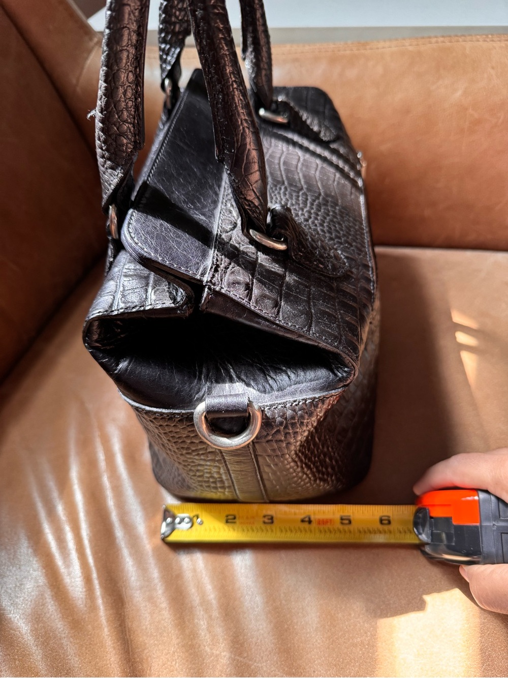 Italian croc embossed leather Classic Structured Tote hardware buckle silver - Picture 13 of 16